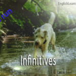 A dog running through a stream with the text "Infinitives" and "to run," illustrating the base form of a verb.