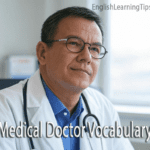 A middle-aged male doctor in a white lab coat and stethoscope looking thoughtfully to the side, with text overlay reading "Medical Doctor Vocabulary."