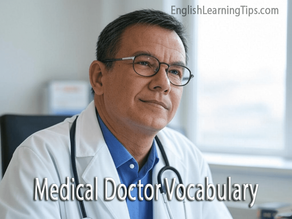 A middle-aged male doctor in a white lab coat and stethoscope looking thoughtfully to the side, with text overlay reading "Medical Doctor Vocabulary."