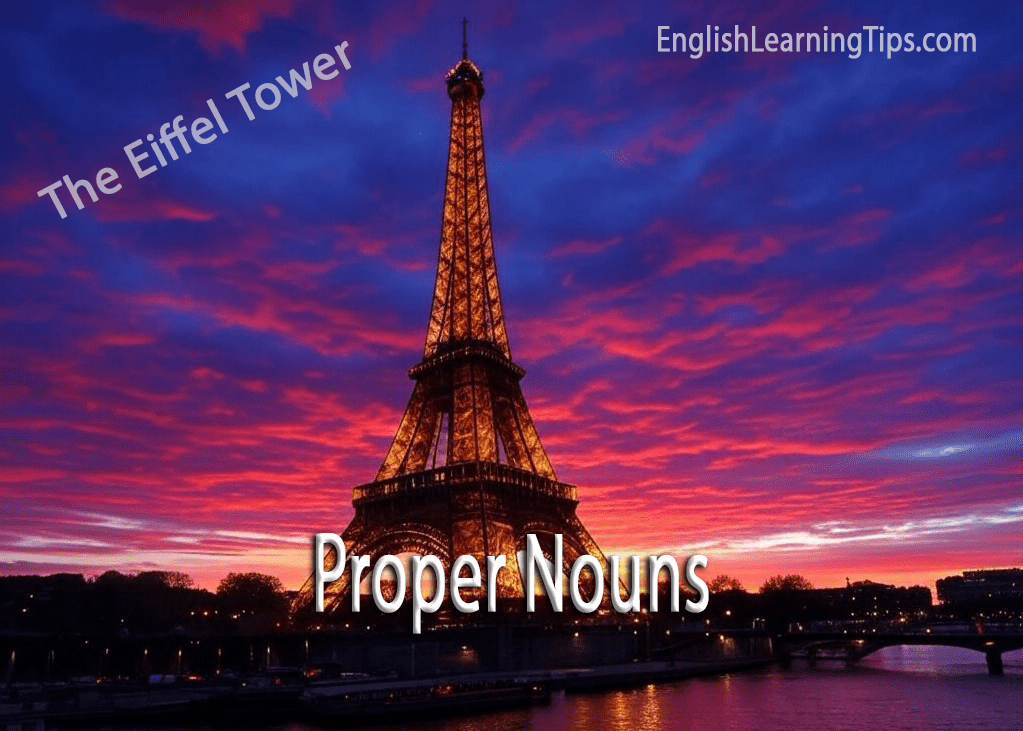 The Eiffel Tower at sunset used as an example of a proper noun.