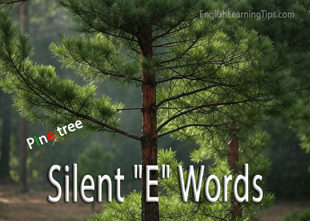 Educational graphic showing a pine tree with the words "Pine tree" highlighting the silent E, used for teaching English phonics.