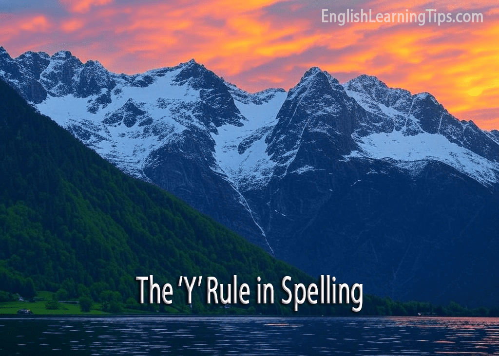 A scenic mountain landscape at sunset with text overlay reading "The 'Y' Rule in Spelling" and the EnglishLearningTips.com logo.