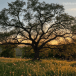 A large, majestic oak tree in a field at sunset, symbolizing life, memory, and the "tree of life" design found on memorial urns.