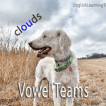 A white fluffy dog in a field with the word "clouds" above it, highlighting the "ou" vowel team in blue.