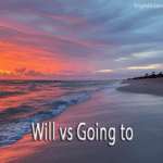 A comparison of "will" vs "going to" in English grammar over a sunset beach background.