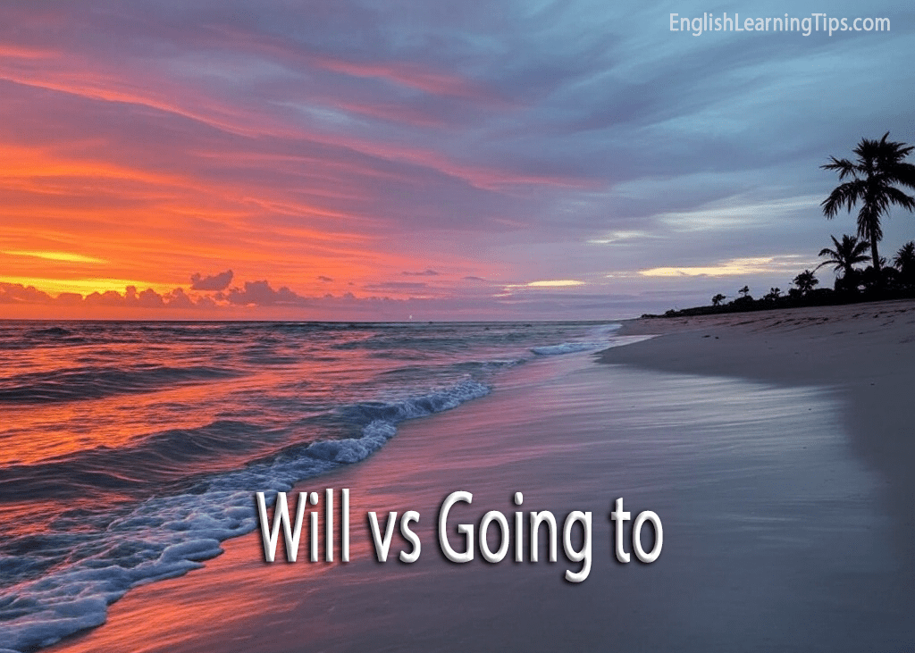 A comparison of "will" vs "going to" in English grammar over a sunset beach background.