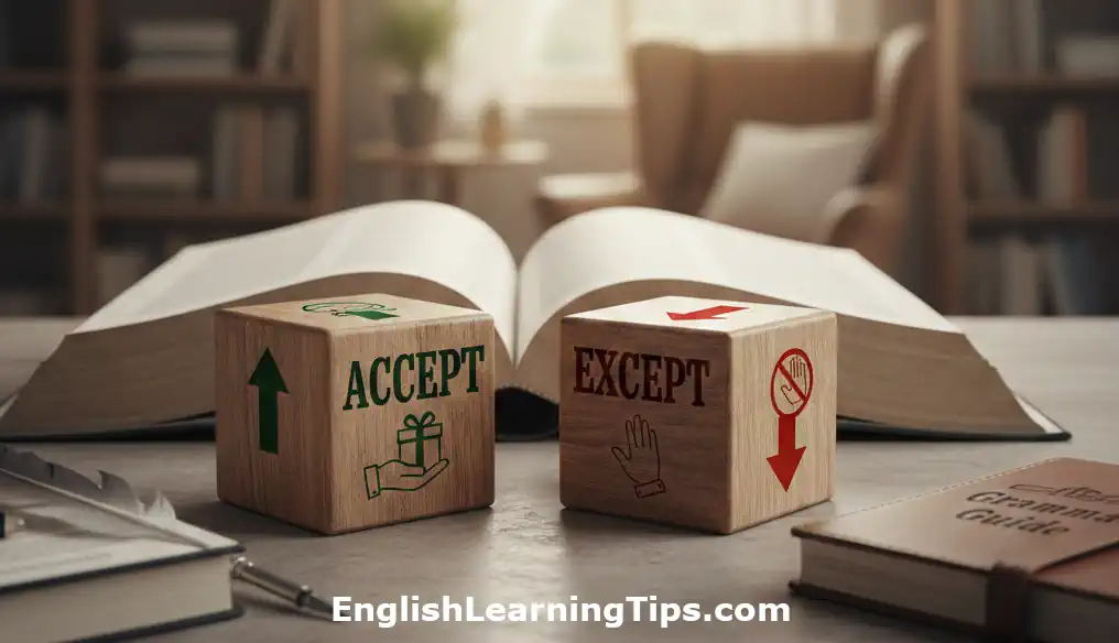Two wooden blocks on a desk showing the words accept and except with arrows and icons representing inclusion and exclusion.