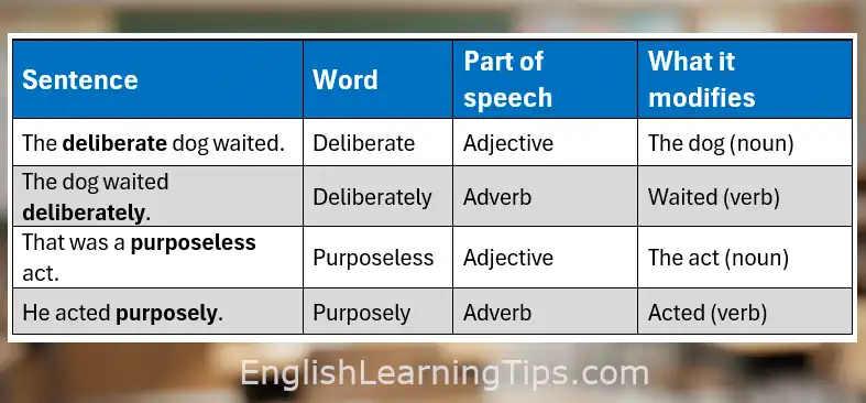 A table comparing adjectives and adverbs of reason/purpose, showing how words like "deliberate" modify nouns while "deliberately" modifies verbs.