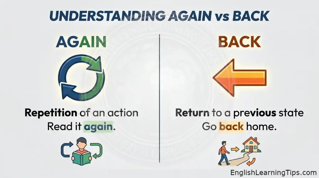 An educational infographic showing the difference between again and back: again is illustrated with a circular repetition arrow and back is illustrated with a return arrow.