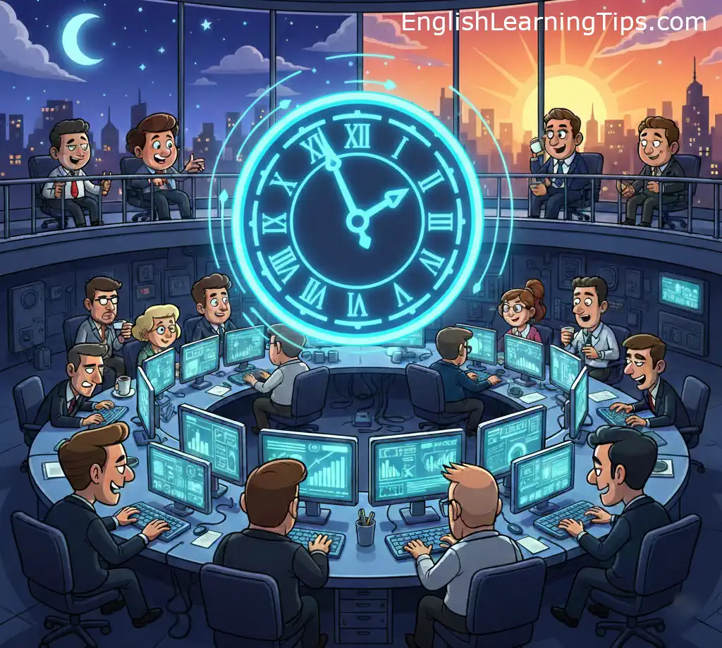 A cartoon illustration of a busy office with staff working during both day and night shifts, featuring a large glowing clock to represent the idiom "around the clock.