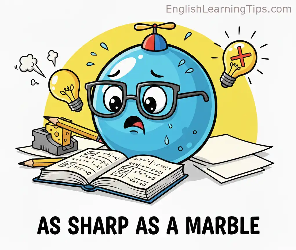 A cartoon character shaped like a blue marble wearing a propeller hat and glasses, looking confused while trying to solve math problems to illustrate the idiom "as sharp as a marble."