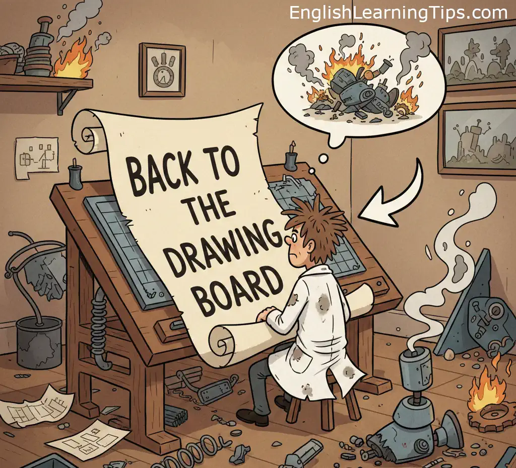 A cartoon of a messy office with a scientist looking at a failed invention and a large scroll that says "Back to the drawing board.