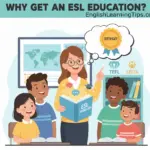 A cartoon illustration of a certified ESL teacher in a classroom holding a book labeled "ESL Knowledge" with a thought bubble showing a teaching certificate.