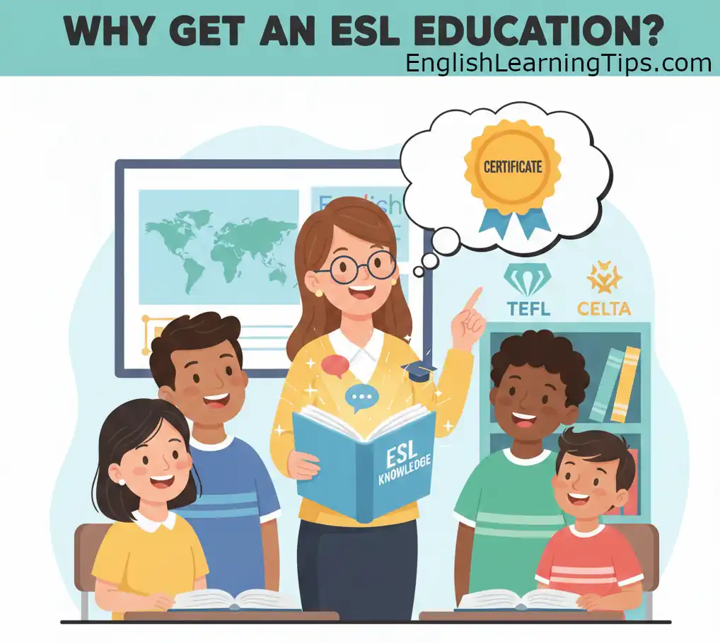 A cartoon illustration of a certified ESL teacher in a classroom holding a book labeled "ESL Knowledge" with a thought bubble showing a teaching certificate.