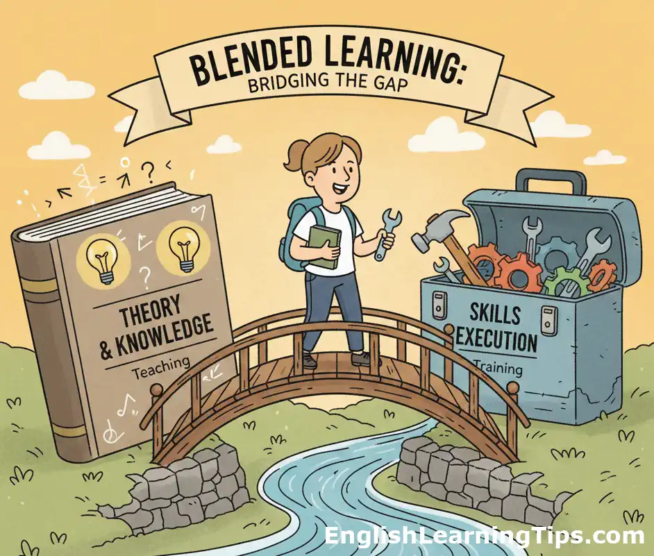 A cartoon illustration of a woman standing on a wooden bridge crossing a river. The left side of the bridge is anchored to a giant book labeled "Theory & Knowledge - Teaching," and the right side is anchored to a large toolbox labeled "Skills Execution - Training."