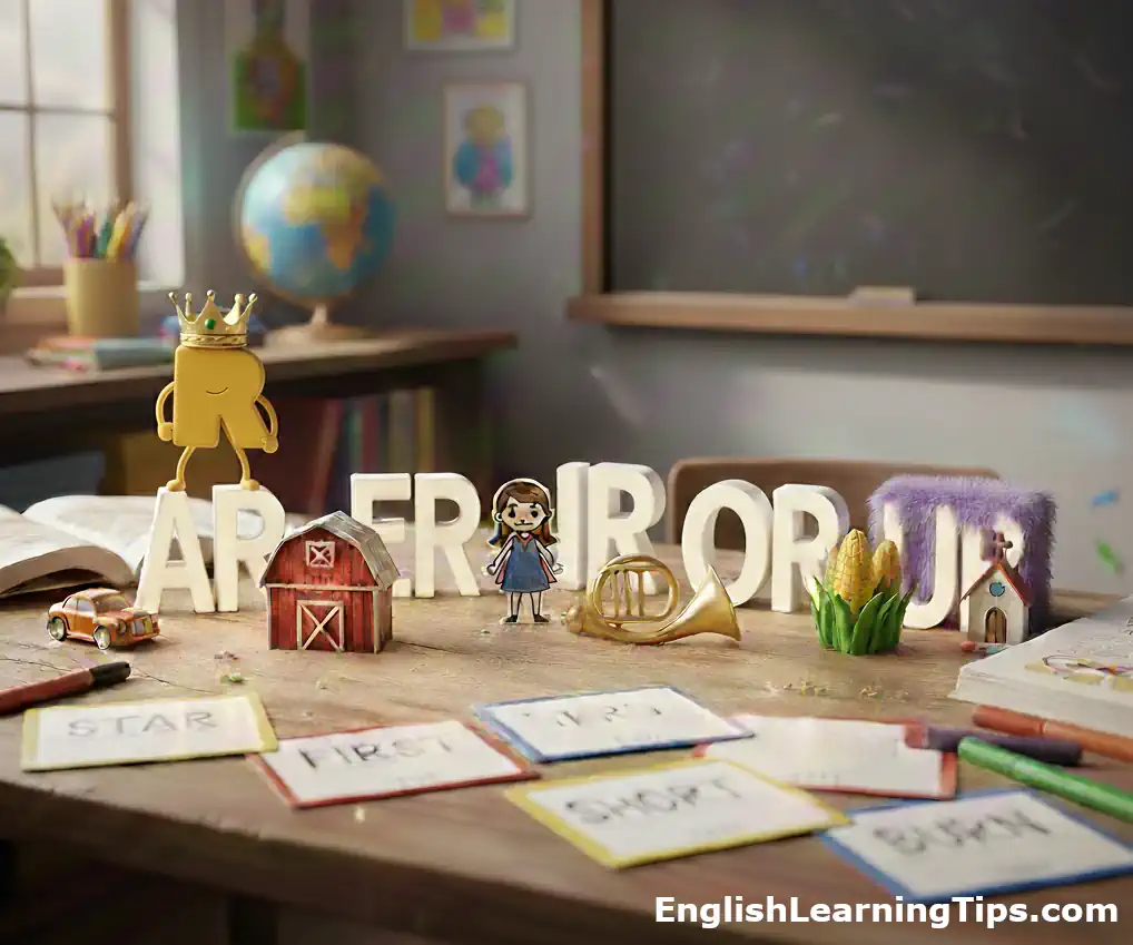 A classroom desk featuring 3D letters for ar, er, ir, or, and ur vowel combinations with a "bossy r" character wearing a crown to illustrate phonics rules.
