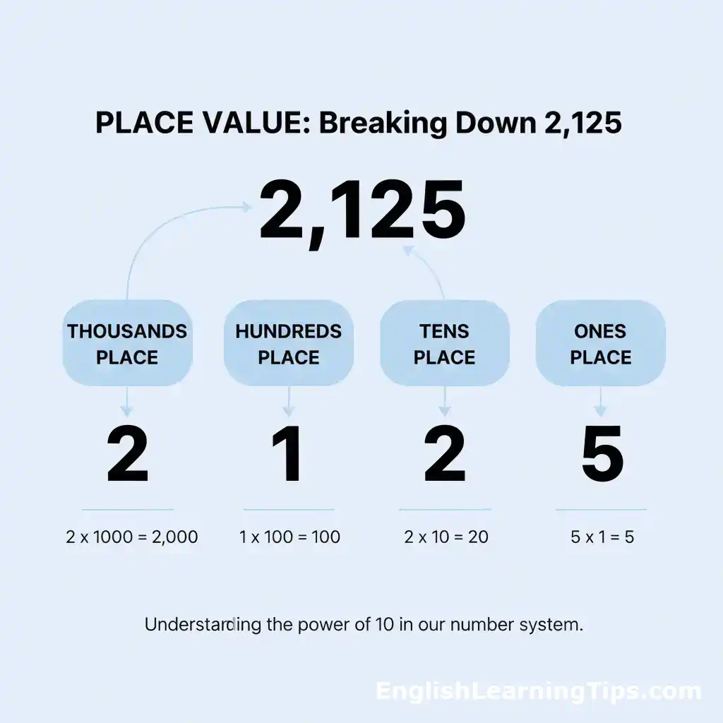 A place value chart breaking down the cardinal number 2,125 into thousands, hundreds, tens, and ones places.