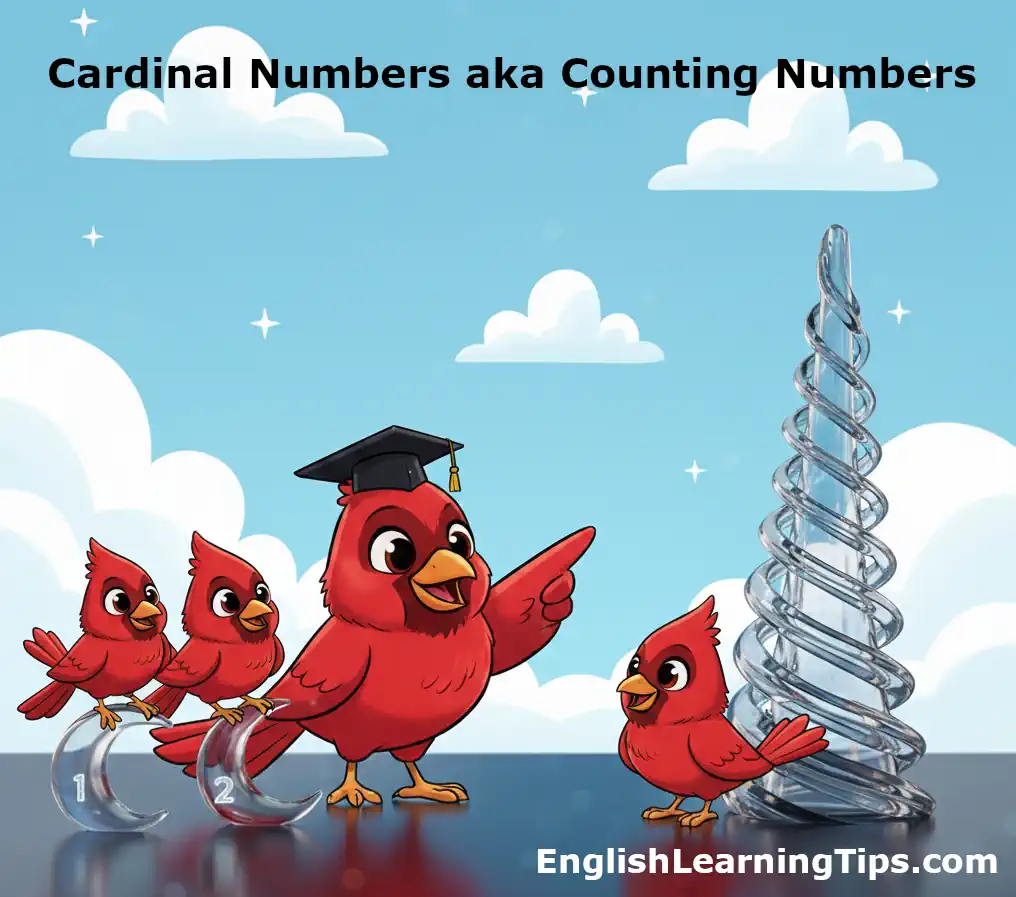 A cartoon illustration featuring four red cardinal birds used as a metaphor to explain cardinal numbers and set theory in mathematics.