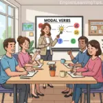 A flat-style cartoon of a female ESL teacher presenting "Modal Verbs" on a digital screen to four adult students engaged in a bright classroom.