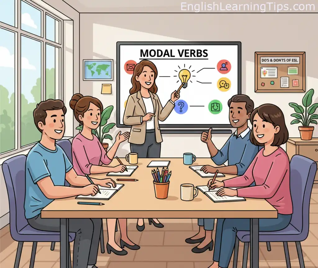 A flat-style cartoon of a female ESL teacher presenting "Modal Verbs" on a digital screen to four adult students engaged in a bright classroom.