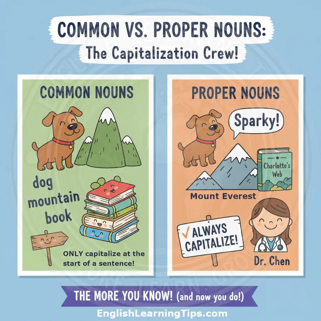 A colorful cartoon educational chart comparing common nouns like dog, mountain, and book with proper nouns like Sparky, Mount Everest, and Dr. Chen.