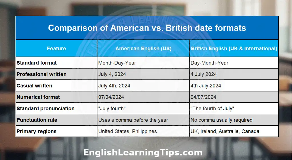 A comparison table showing the differences between American and British English date formats, including professional writing, casual writing, and numerical styles.
