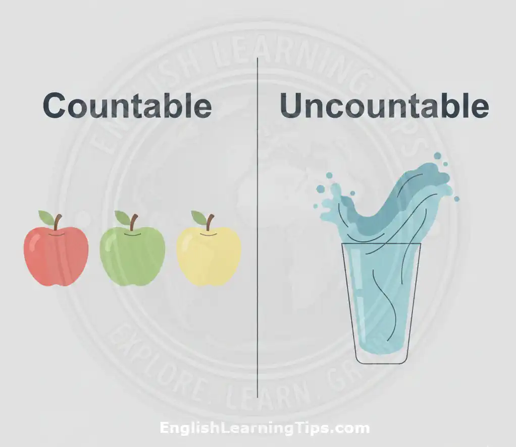 An educational infographic showing three apples as an example of countable nouns and a glass of water as an example of uncountable nouns.