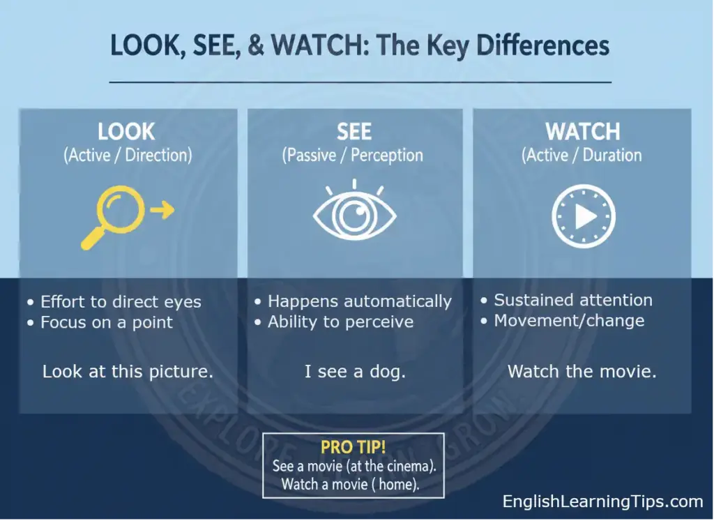 A clean educational infographic comparing "Look" (Active/Direction), "See" (Passive/Perception), and "Watch" (Active/Duration) with icons and usage examples.