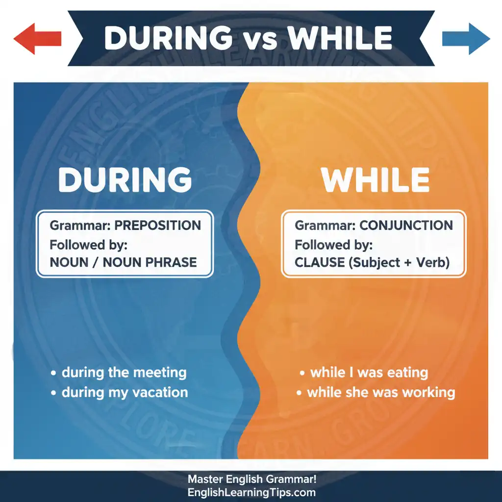 An educational infographic split into blue and orange sections comparing "During" (preposition followed by a noun) and "While" (conjunction followed by a clause) with examples like "during the meeting" and "while I was eating."