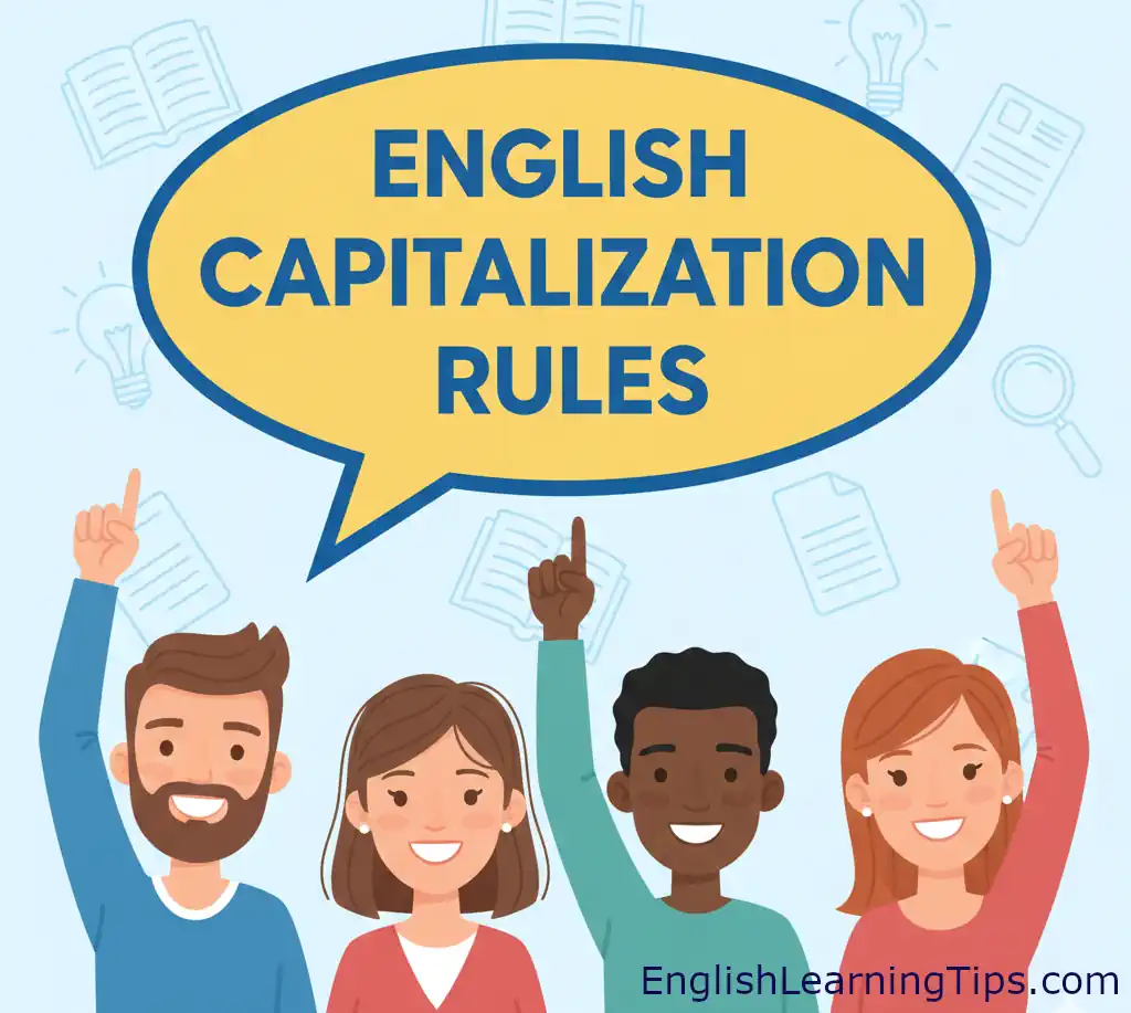 Cartoon illustration of diverse people pointing to a speech bubble that says English Capitalization Rules.