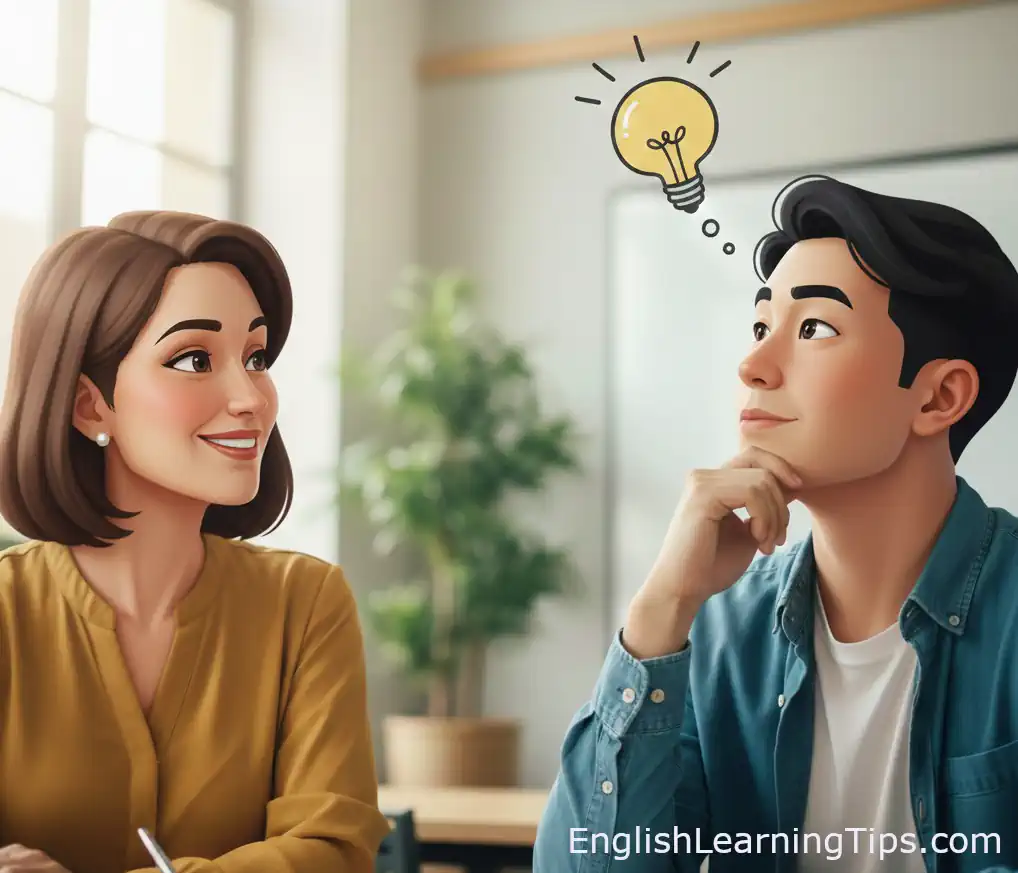 A cartoon of a smiling ESL teacher waiting patiently as a male student thinks of an answer, shown by a lightbulb icon in a thought bubble.