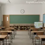 An empty, modern classroom with wooden desks, a green chalkboard, and a world map, illustrating the setting for ESL and standard English language arts classes.