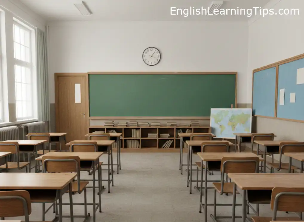 An empty, modern classroom with wooden desks, a green chalkboard, and a world map, illustrating the setting for ESL and standard English language arts classes.