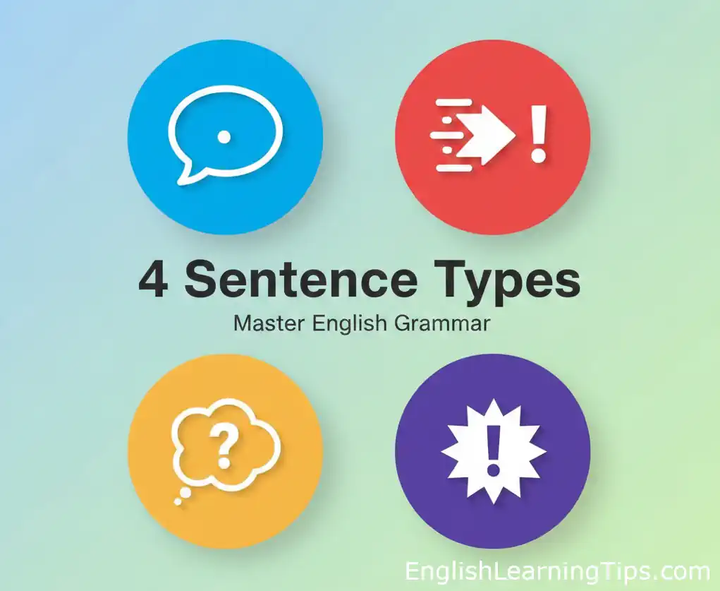 nfographic showing the four types of sentences in English: declarative, interrogative, imperative, and exclamatory with punctuation icons.
