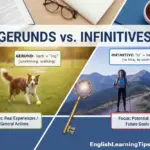 A visual comparison guide titled Gerunds vs Infinitives, showing examples and core differences between using gerunds (-ing) and infinitives (to + verb).