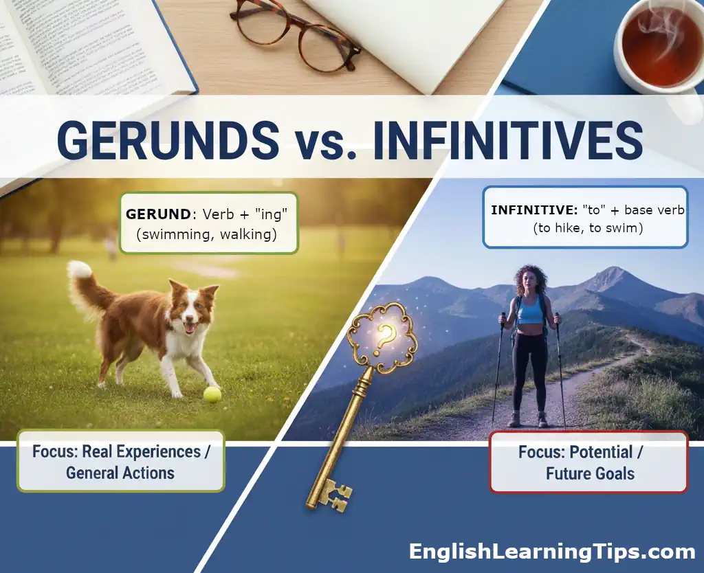 A visual comparison guide titled Gerunds vs Infinitives, showing examples and core differences between using gerunds (-ing) and infinitives (to + verb).