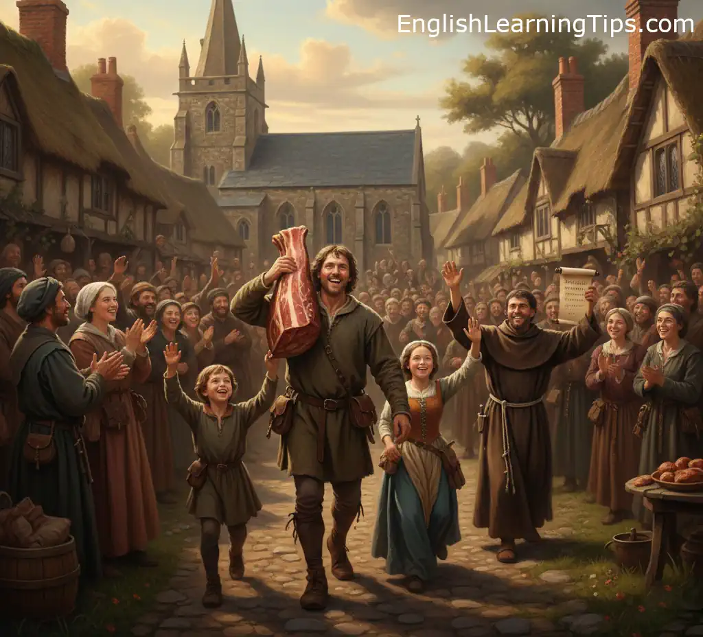 A medieval village crowd cheering for a man carrying a large side of bacon to represent the money idiom "bring home the bacon.