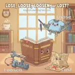 A cartoon illustration titled "Lose, Loose, Loosen, or Lost?" showing a grammar book, a wrench tightening a bolt, a shirt in a hammock, and a map.