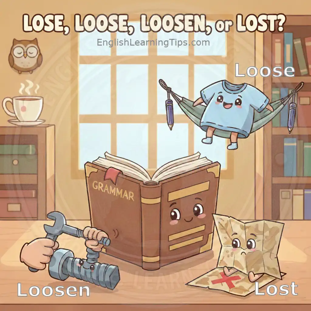 A cartoon illustration titled "Lose, Loose, Loosen, or Lost?" showing a grammar book, a wrench tightening a bolt, a shirt in a hammock, and a map.