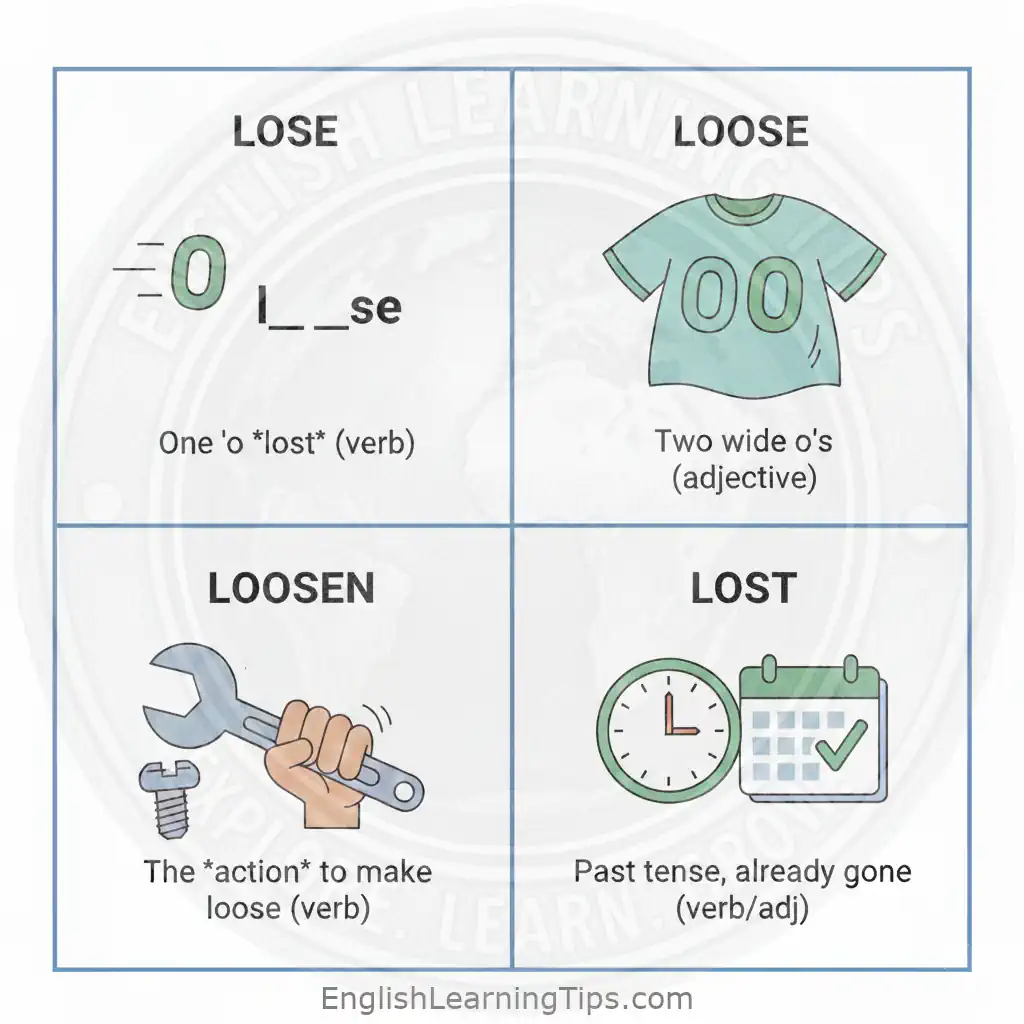 A four-panel grammar cheat sheet explaining the difference between Lose, Loose, Loosen, and Lost with visual mnemonic icons.
