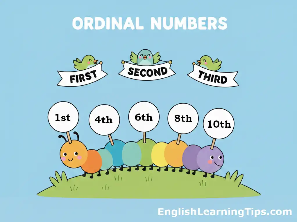 A colorful cartoon caterpillar on a green hill with circles showing 1st, 4th, 6th, 8th, and 10th, with birds holding banners for First, Second, and Third.