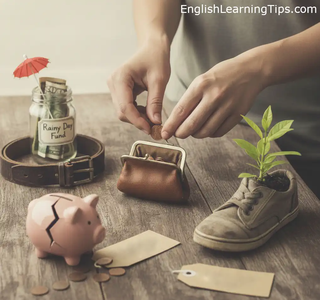 A person putting a penny into a small leather purse on a wooden table surrounded by objects representing money idioms, including a "rainy day fund" jar, a tightened belt, a cracked piggy bank, and a shoestring budget represented by a shoe.