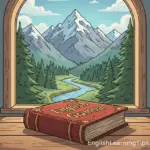 A cartoon illustration of an old, closed red book titled "English Grammar" sitting on a wooden desk in front of a window with a view of snow-capped mountains and a river.