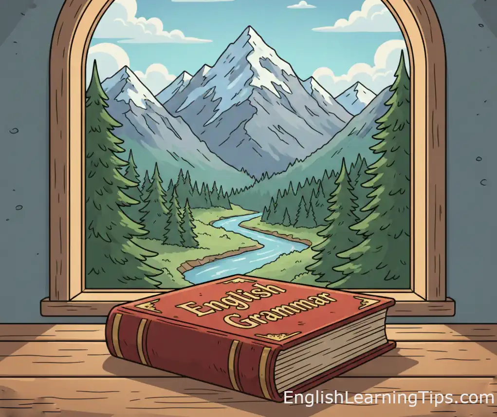 A cartoon illustration of an old, closed red book titled "English Grammar" sitting on a wooden desk in front of a window with a view of snow-capped mountains and a river.