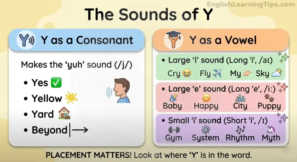 Phonics chart showing the letter y as a consonant (yuh sound) and a vowel (long i, long e, and short i sounds) with example words for each.