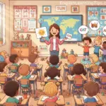 A cartoon illustration of a diverse ESL classroom with a teacher using flashcards and visual aids to teach English to young children.