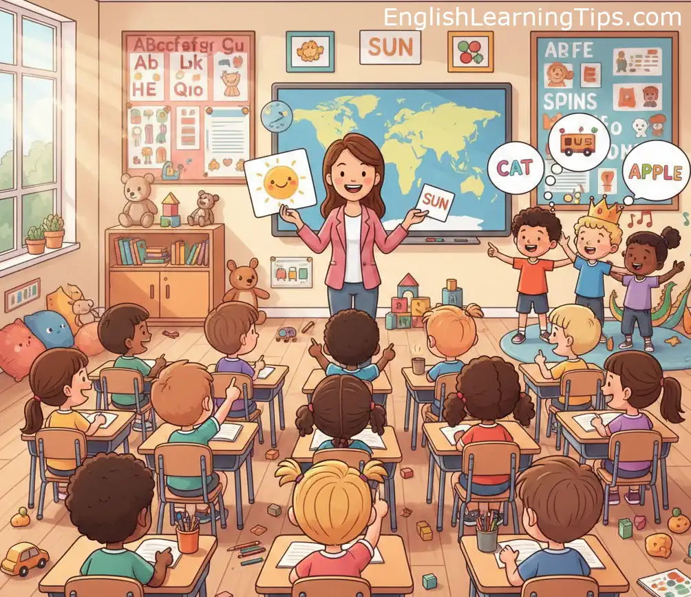 A cartoon illustration of a diverse ESL classroom with a teacher using flashcards and visual aids to teach English to young children.
