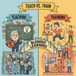 A split-screen cartoon comparing teaching and training. The left side shows a teacher at a chalkboard with students, labeled "Teaching." The right side shows people practicing various hands-on skills like construction and cooking, labeled "Training." A bridge connects them labeled "Blended Learning."