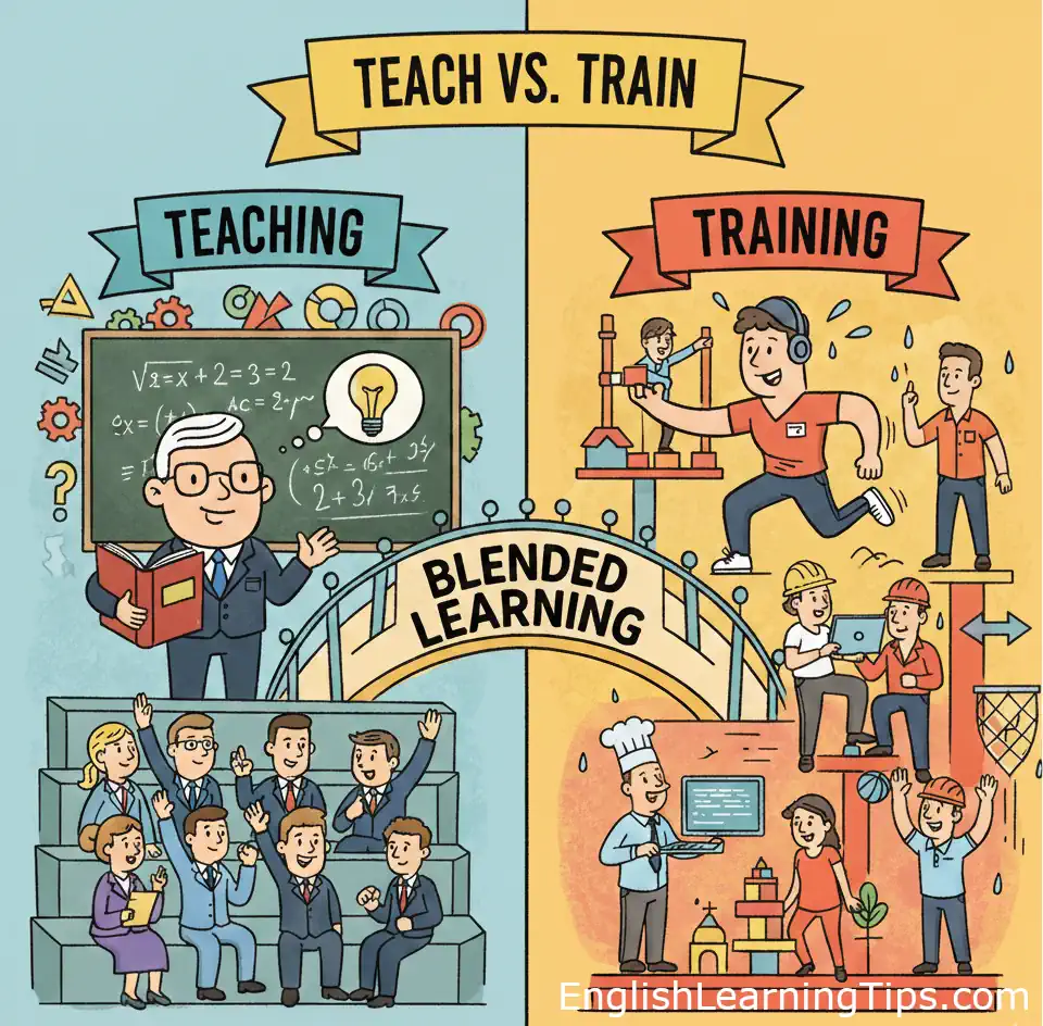 A split-screen cartoon comparing teaching and training. The left side shows a teacher at a chalkboard with students, labeled "Teaching." The right side shows people practicing various hands-on skills like construction and cooking, labeled "Training." A bridge connects them labeled "Blended Learning."
