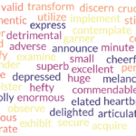 A word cloud featuring advanced English synonyms such as "enormous," "detrimental," "superb," and "melancholy" used for vocabulary building.